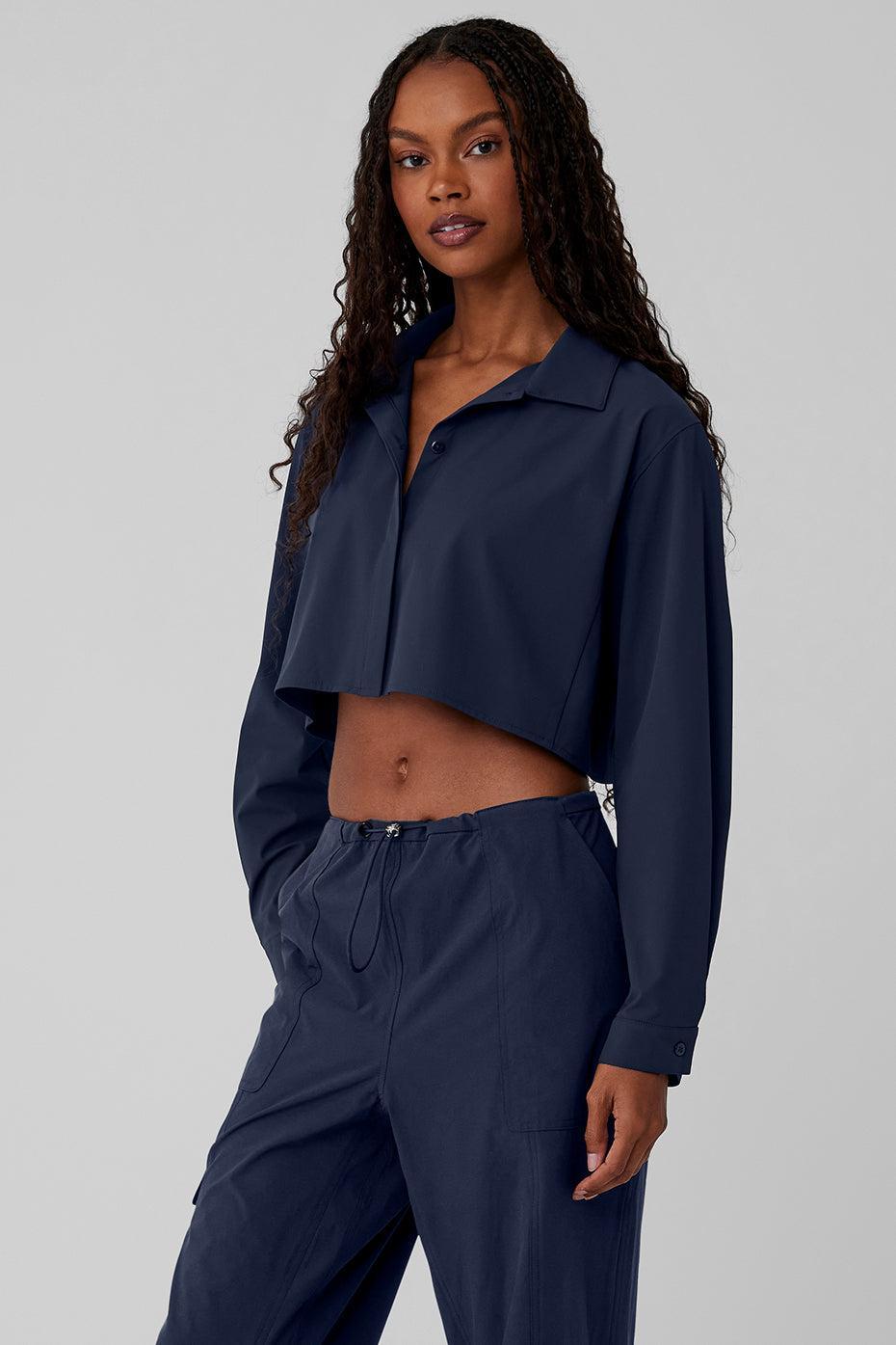 Cropped Take Me Out Button Up - Navy Female Product Image