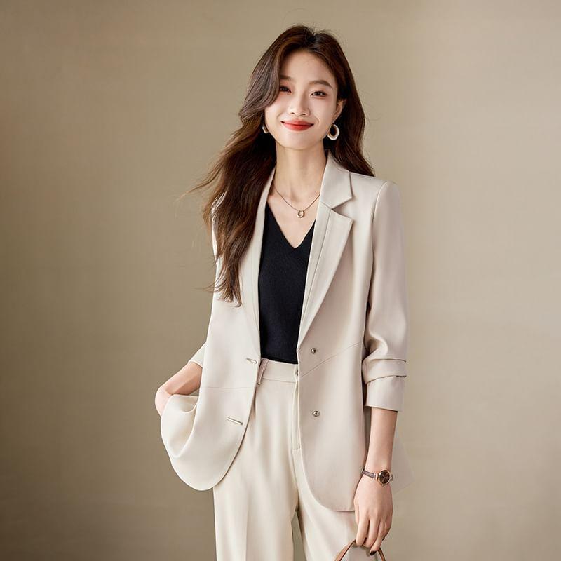 Lapel Collar Plain Single Breasted Blazer / Mid Rise Plain Wide Leg Slacks / Set Product Image