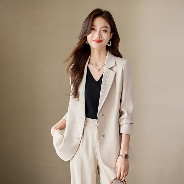 Lapel Collar Plain Single Breasted Blazer / Mid Rise Plain Wide Leg Slacks / Set Product Image