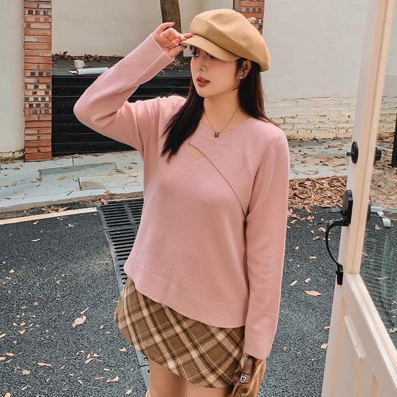 Crew Neck Plain Panel Cutout Sweater Product Image