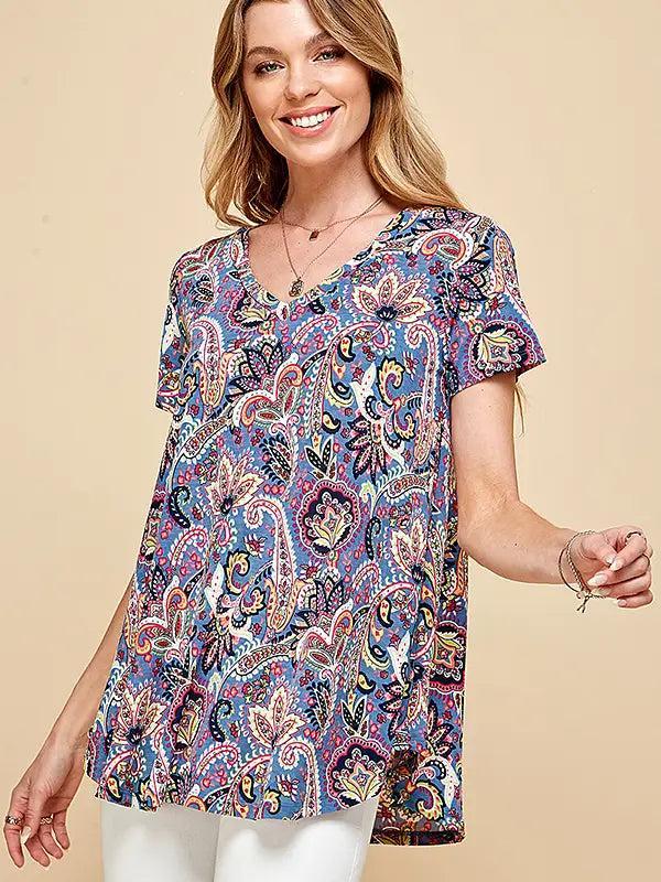 Blue Women Short Sleeve Paisley Top Female Product Image