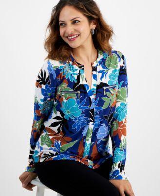 Petite Floral-Print Zippered-Pocket Top, Created for Macy's Product Image