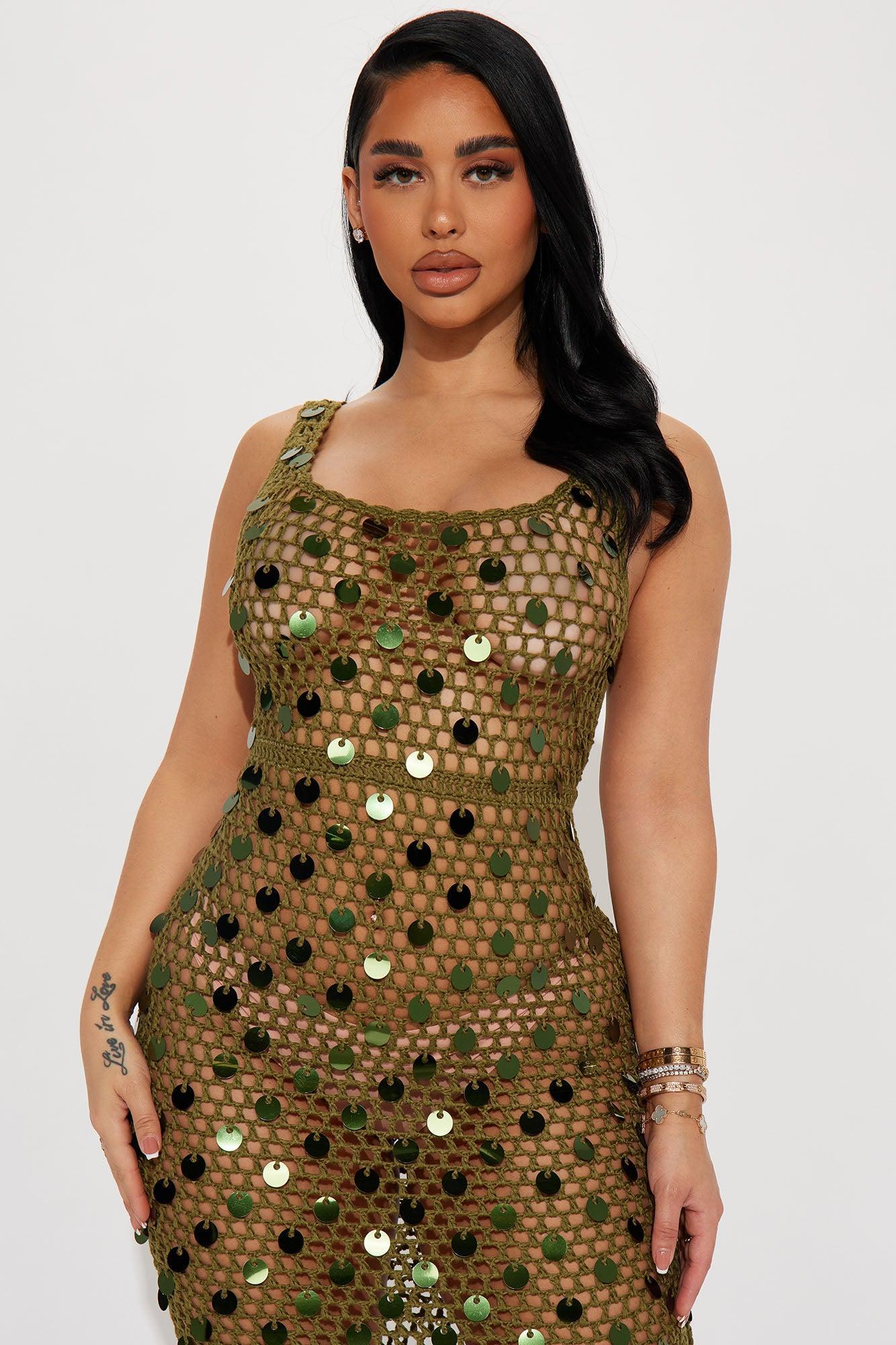 Lydia Sequin Crochet Midi Dress - Olive Product Image