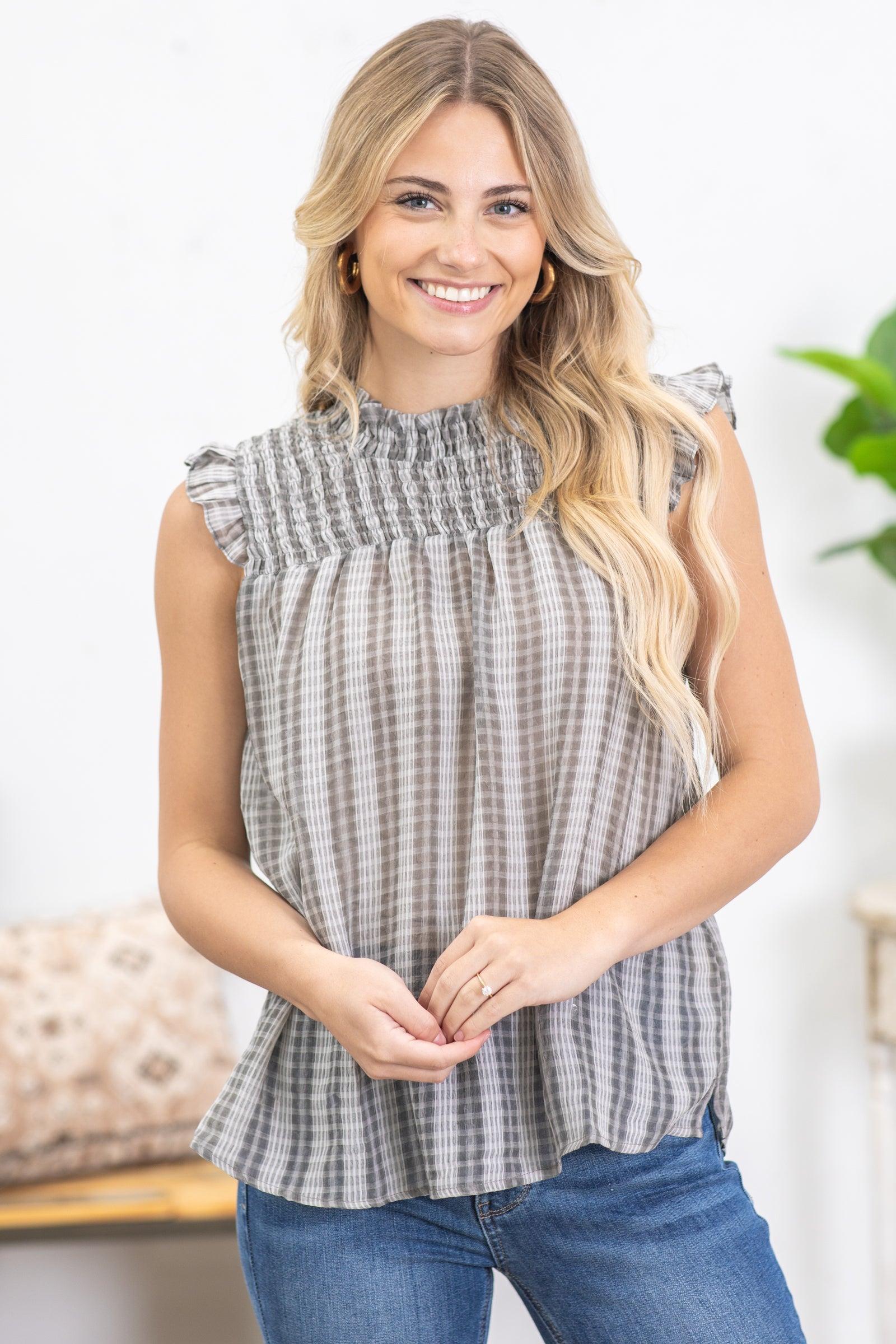 Grey Plaid Smocked Woven Top product image