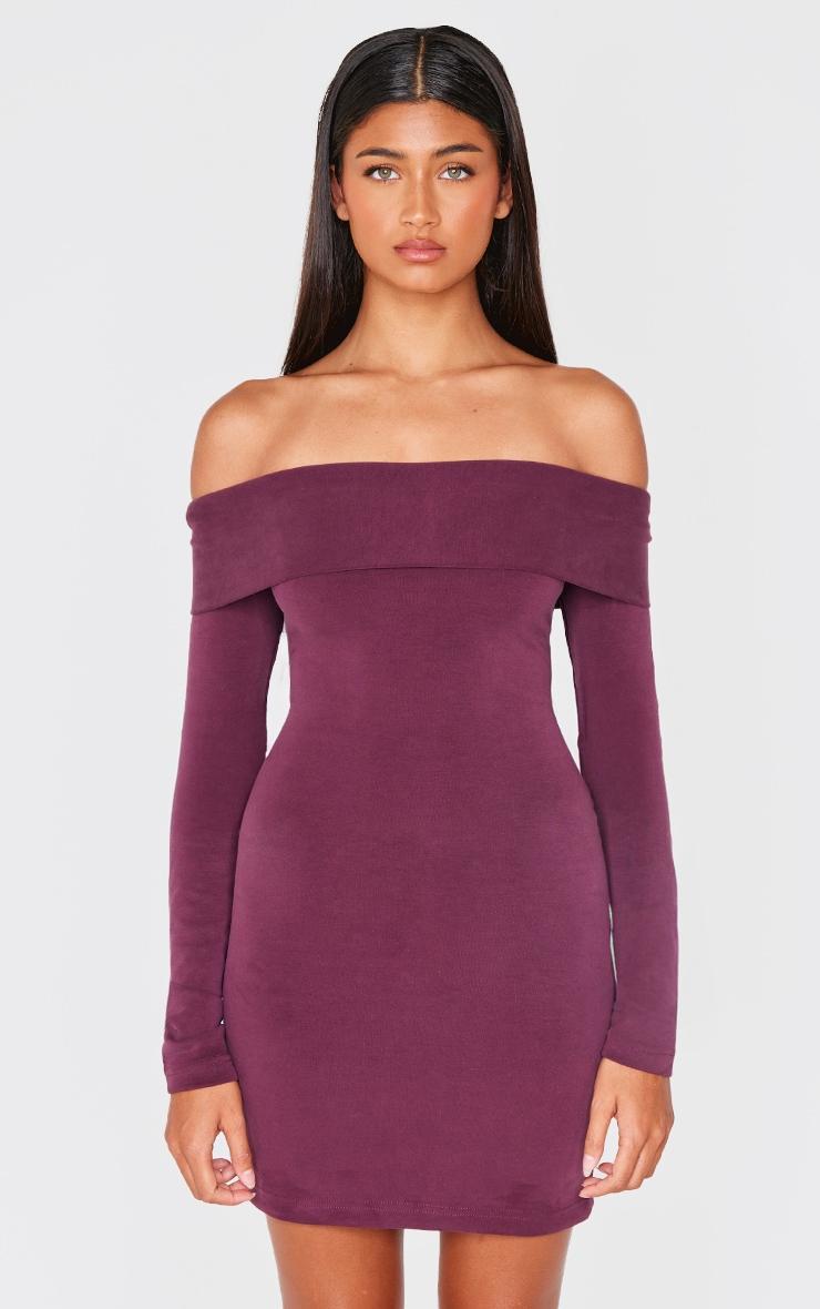  Burgundy Premium Contour Bardot Bodycon Dress Product Image