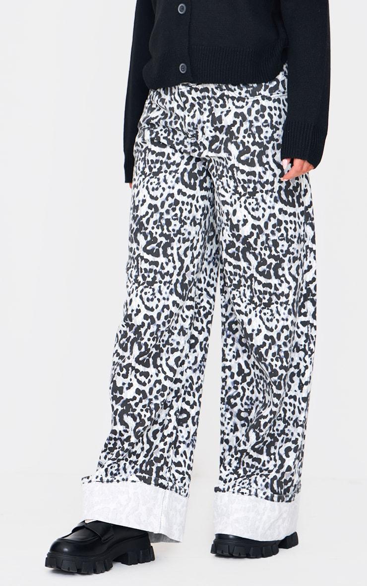 White And Black Leopard Print Turn Up Hem Wide Leg Jeans Product Image