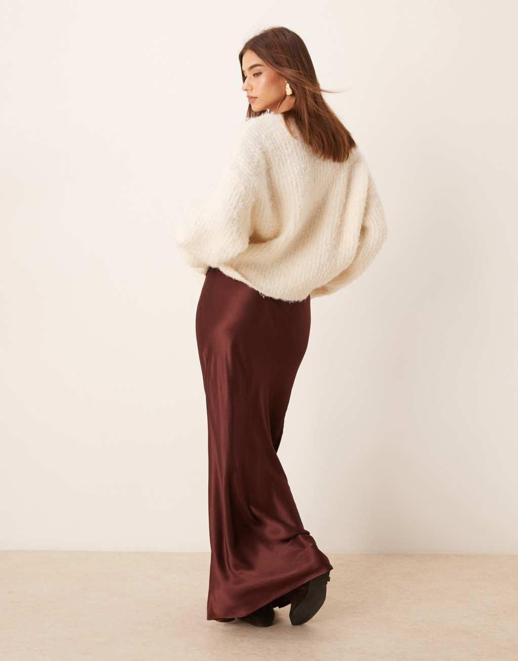 Miss Selfridge satin bias cut bow detail maxi skirt in chocolate Product Image