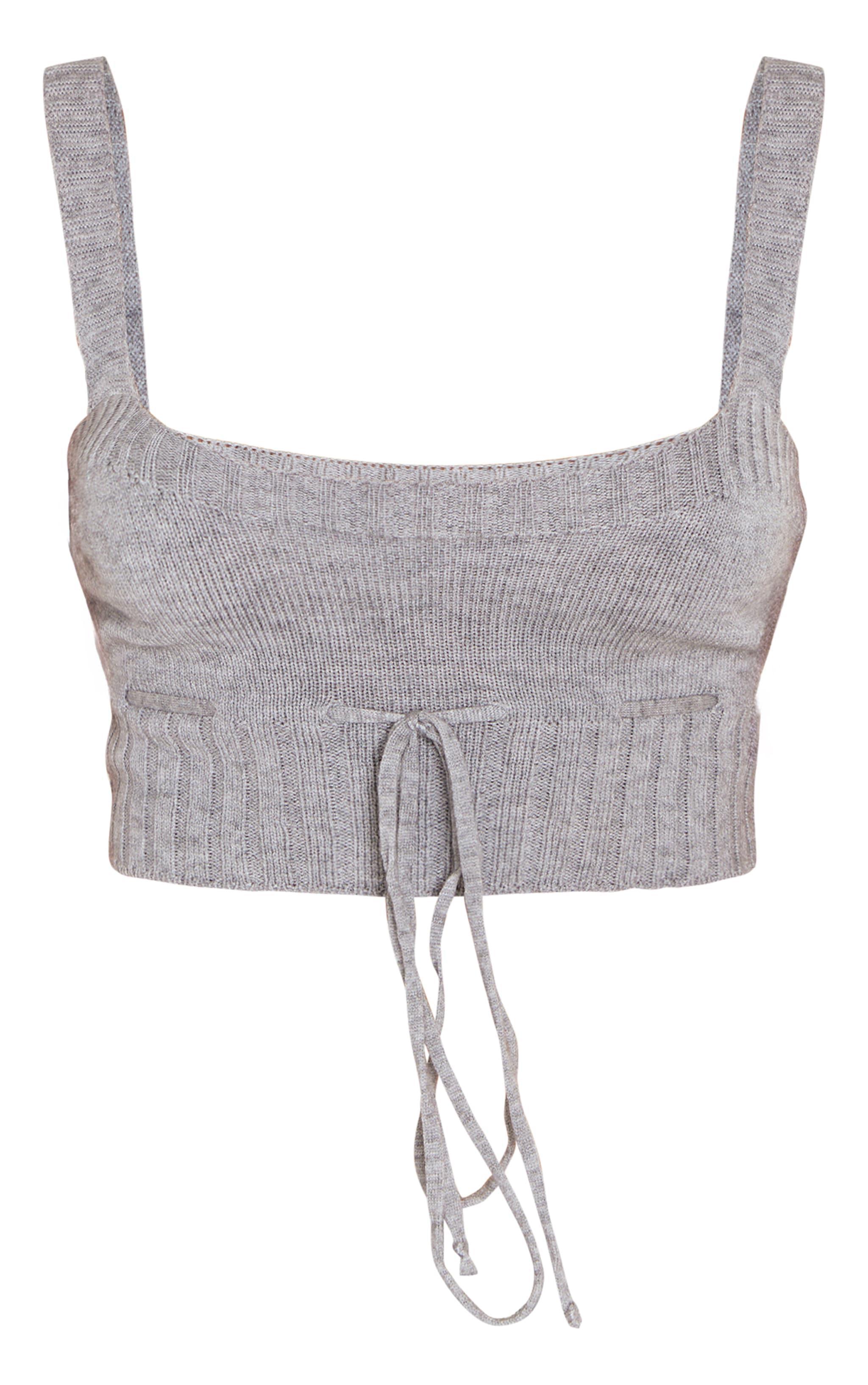 Petite Grey Knitted Strappy Tie Front Crop Top Product Image