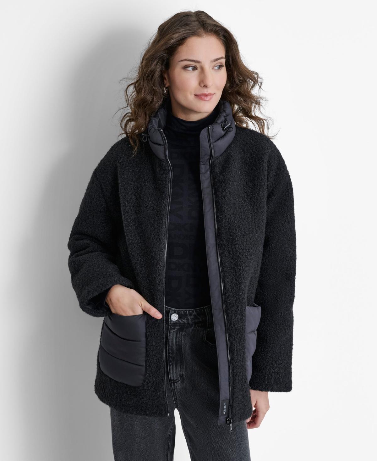 Dkny Womens Faux-Shearling Contrast Stand-Collar Jacket Product Image