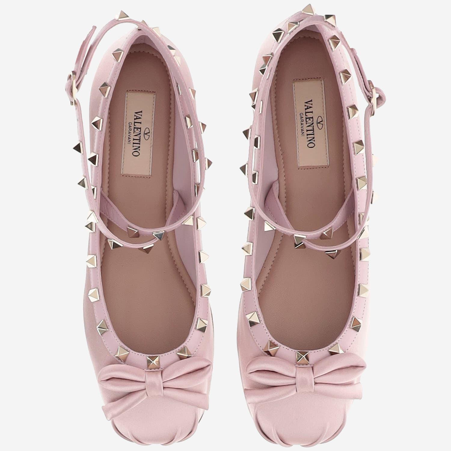 VALENTINO GARAVANI Rockstud Satin Ballerina Shoes In Pink Product Image