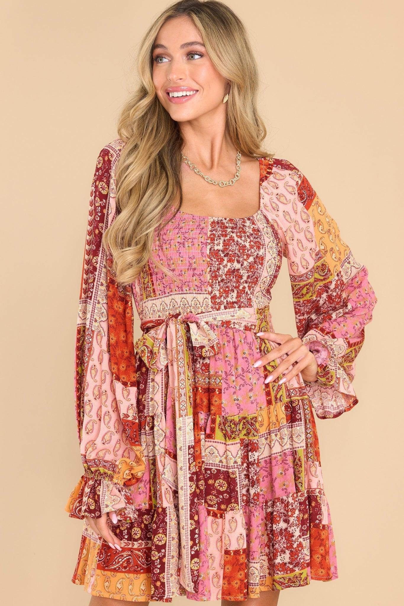 Aura True Meaning Rust Multi Patchwork Print Dress Pink Product Image