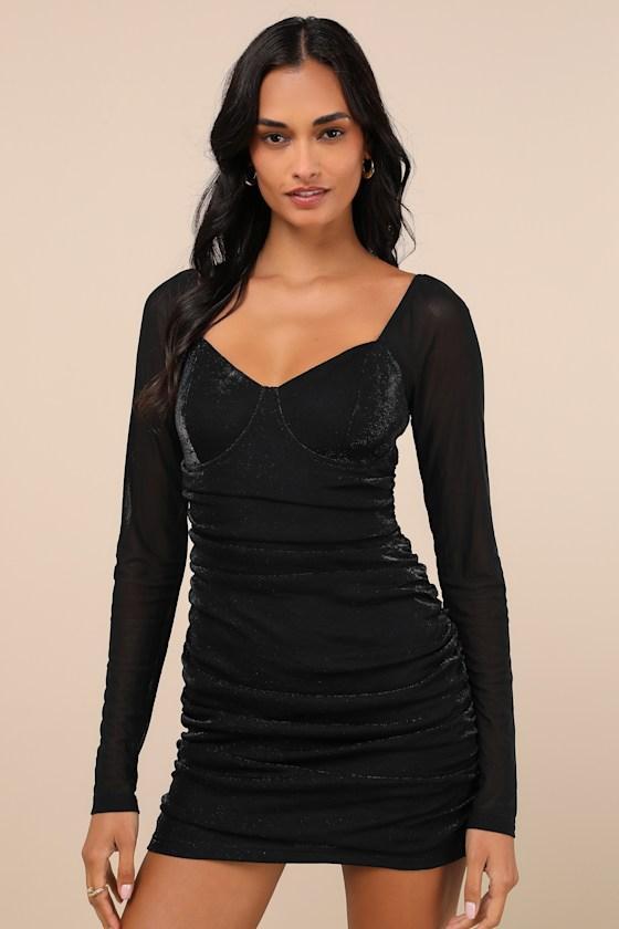 Tempting Sparkle Shiny Black Mesh Ruched Long Sleeve Mini Dress Product Image