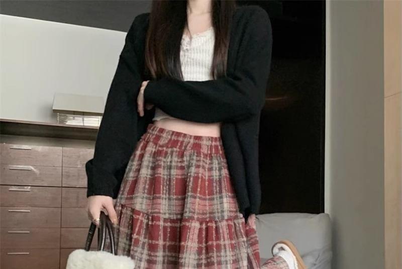 High Waist Plaid Tiered Midi A-Line Skirt Product Image