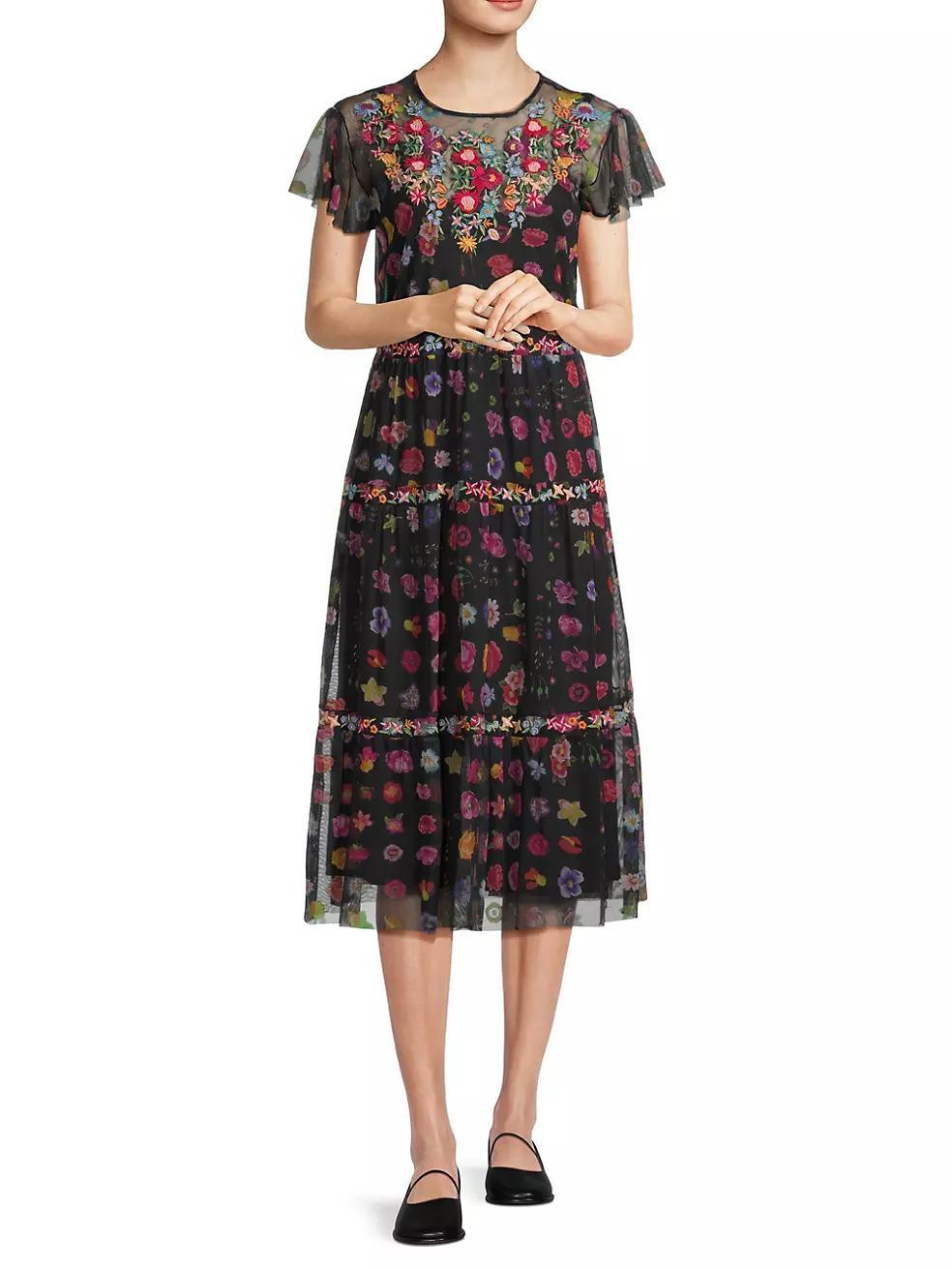 Rheia Floral Tiered Mesh Midi-Dress Product Image