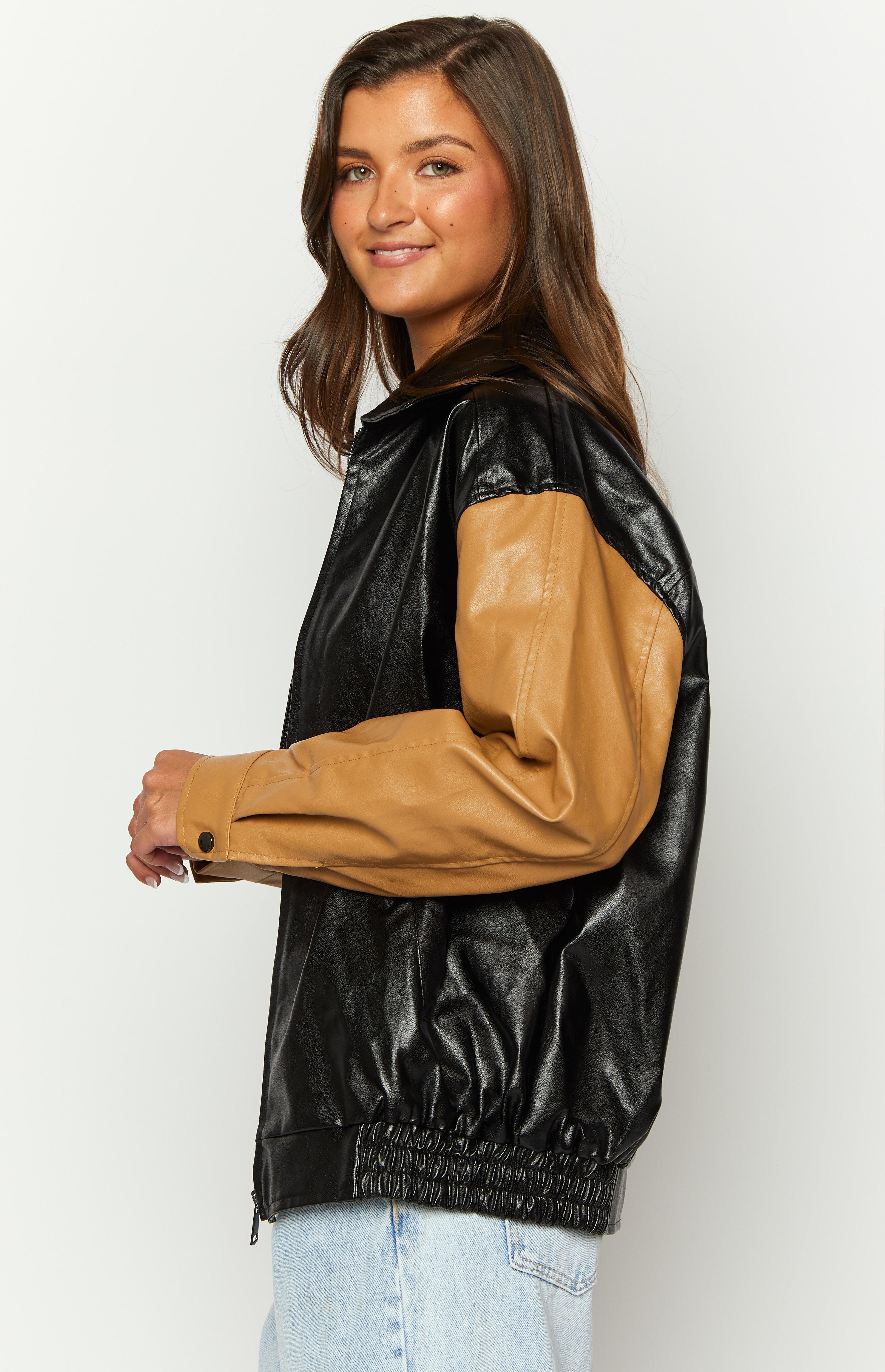 Abbi PU Black And Brown Contrast Bomber Jacket Product Image