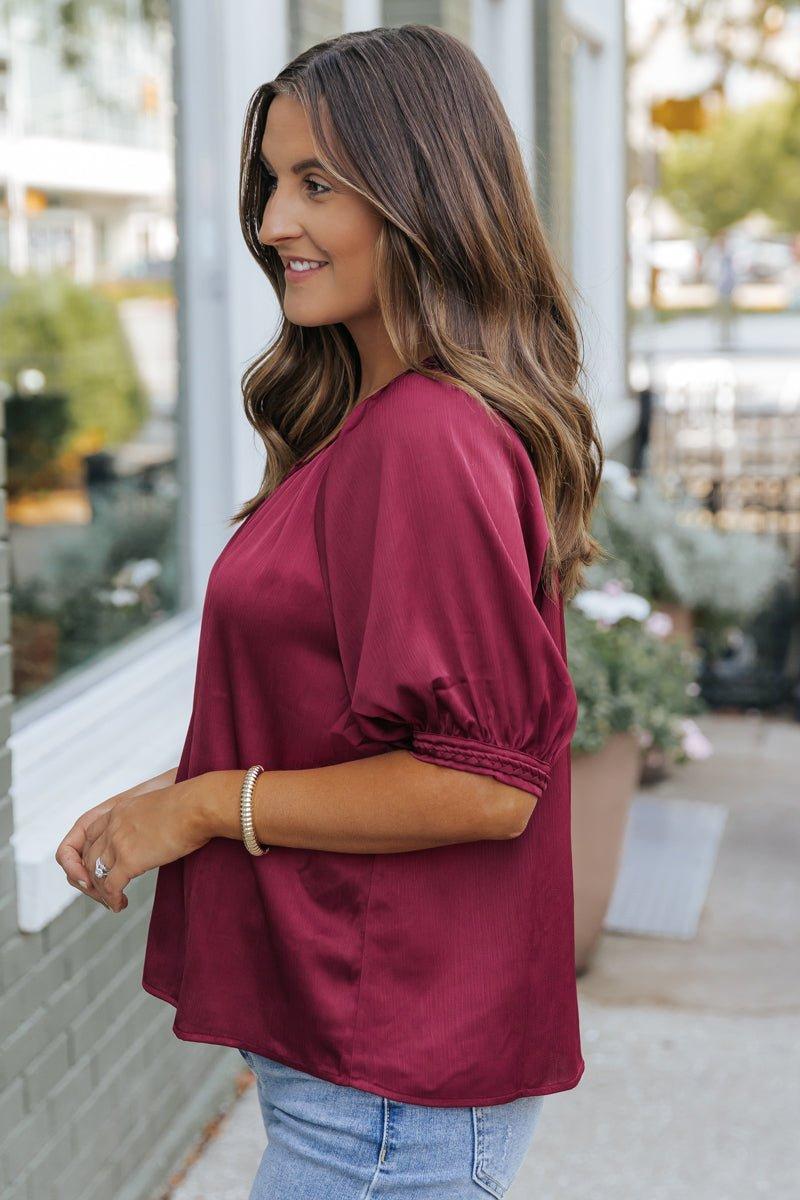 Be Seeing You Puff Sleeve Satin Top - Wine - FINAL SALE Product Image