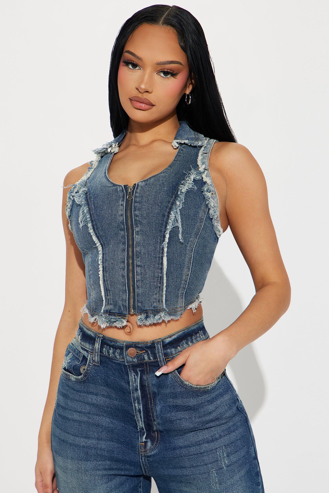 Frankie Distressed Denim Vest Top - Dark Wash Product Image