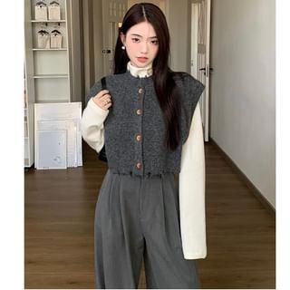 High Waist Plain Wide Leg Pants / Long-Sleeve Mock Neck T-Shirt / Single-Breasted Sweater Vest Product Image