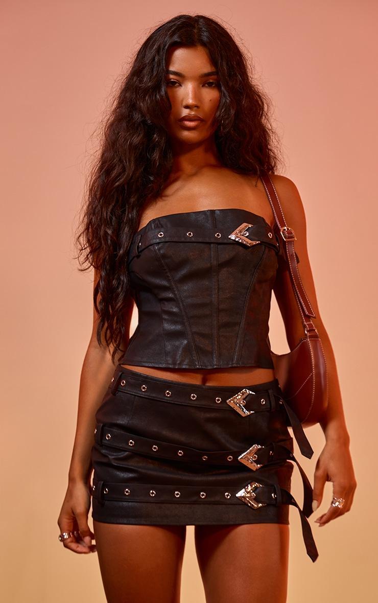 Washed Black Faux Leather Belt Detail Corset Product Image