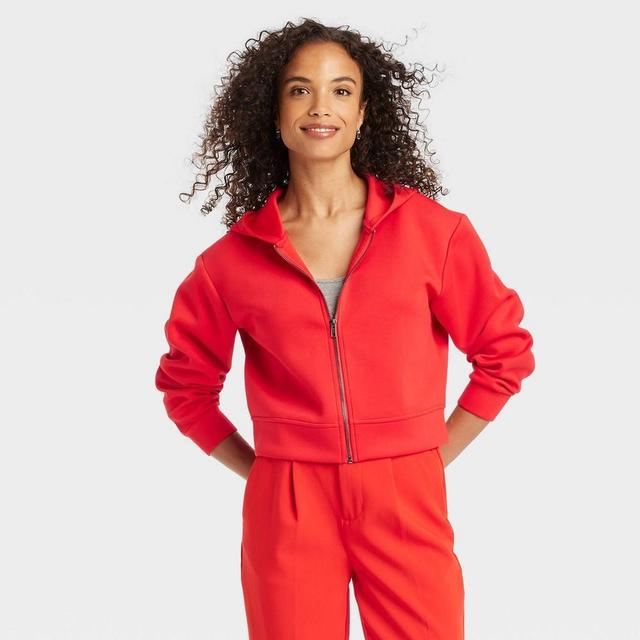 Womens Double Knit Zip Hoodie Sweatshirt - A New Day Red Product Image