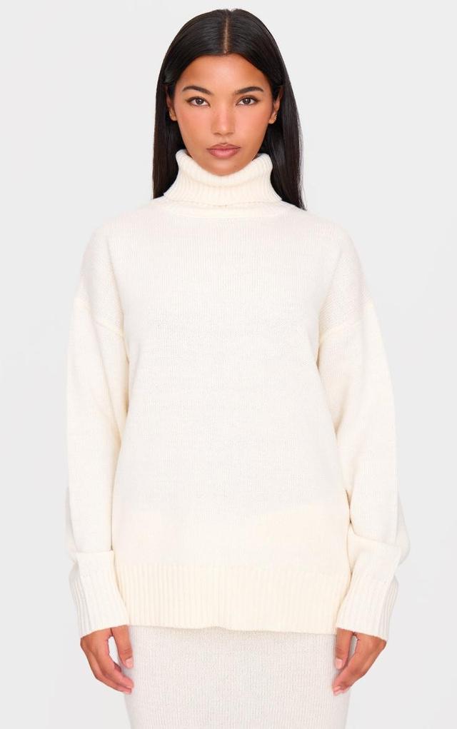 Cream Soft Knit Roll Neck Oversized Sweater Product Image