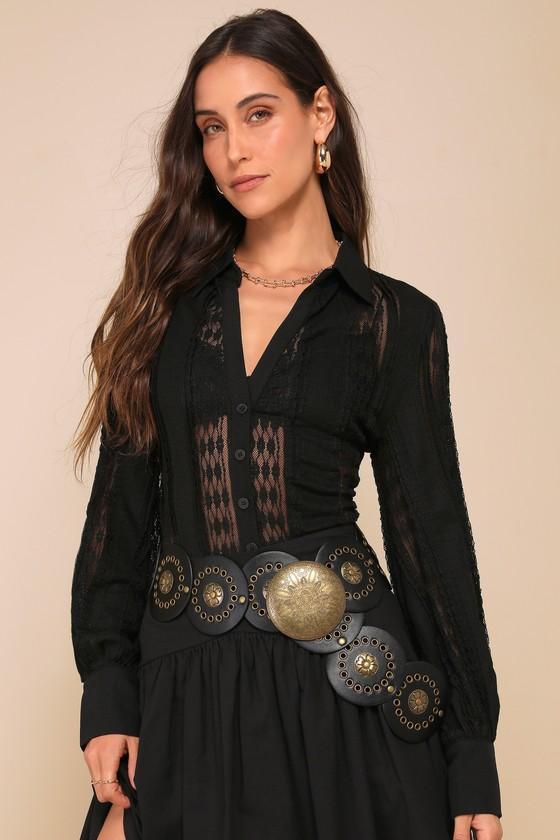 Unique Effect Black Lace Sheer Long Sleeve Button-Up Top Product Image