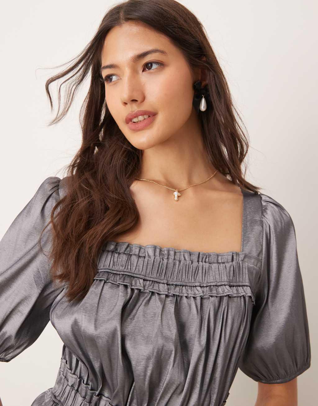 ASOS DESIGN elasticated waist puff sleeve blouse in taffeta Product Image