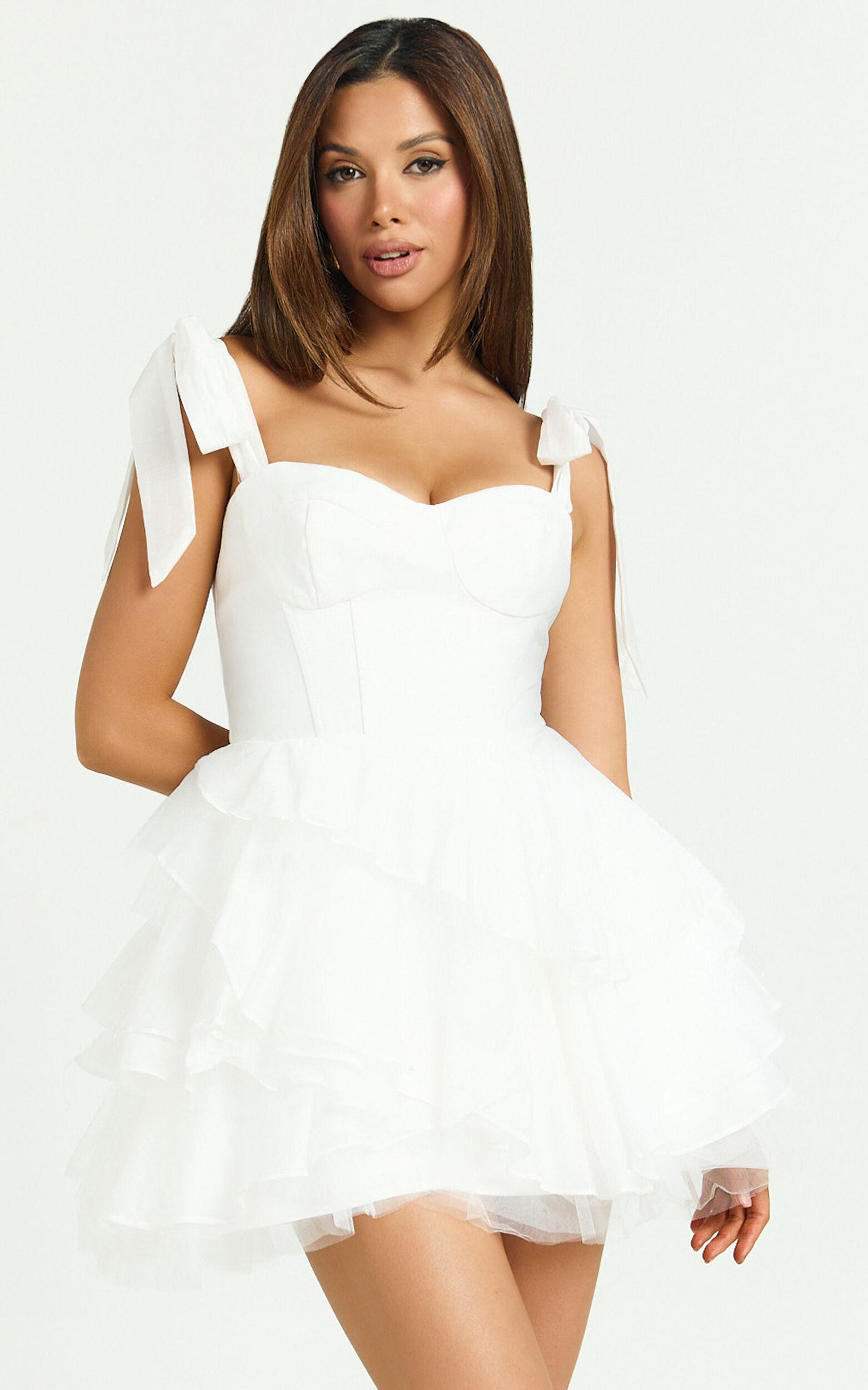 Arianne Mini Dress - Corset Bodice Ruffle Tier Dress in Cream Product Image