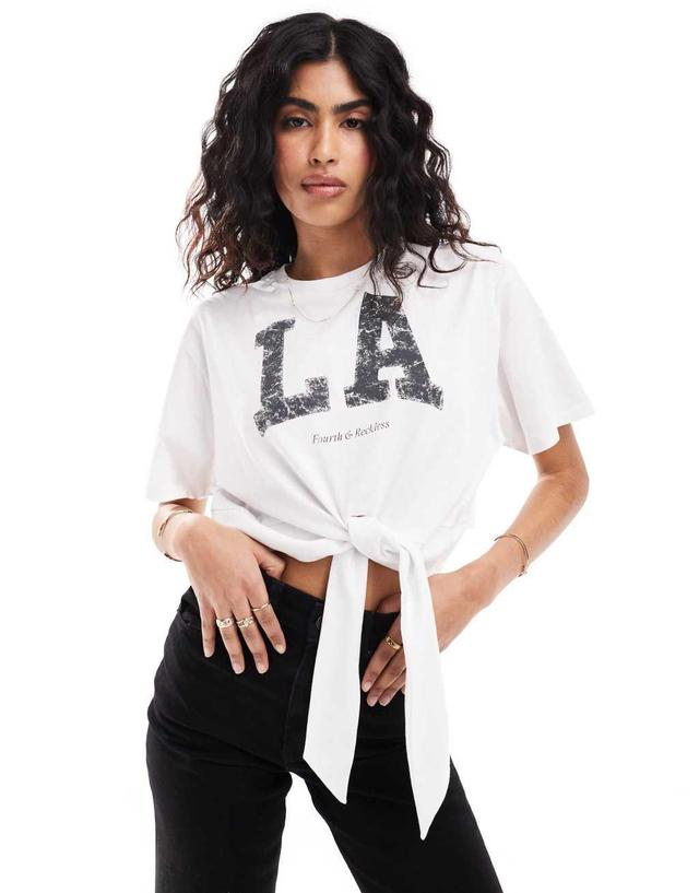 4th & Reckless tie front LA oversized cropped T-shirt in white Product Image