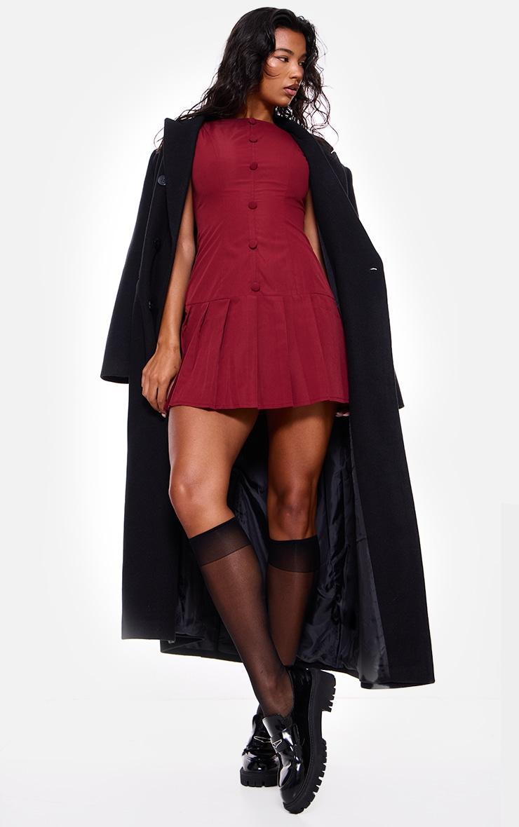 Burgundy Button Down Pleated Hem Shift Dress Product Image