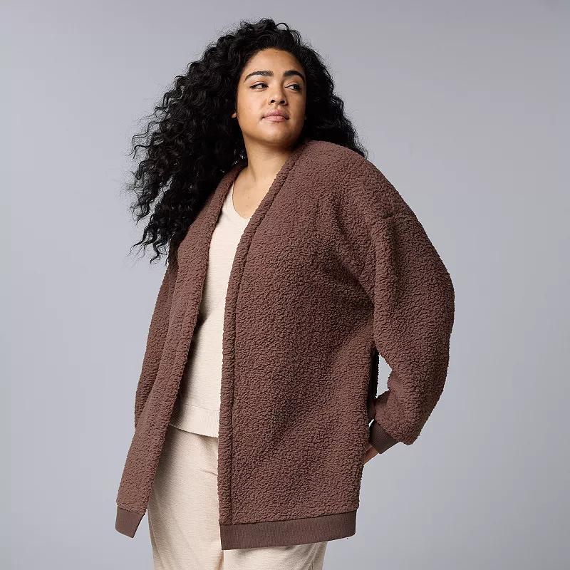 Plus Size Simply Vera Vera Wang Plush High-Pile Fleece Open-Front Cardigan, Womens Brown Product Image