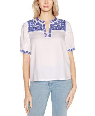 Belldini Womens Embroidered Boho Short Sleeve Top Product Image