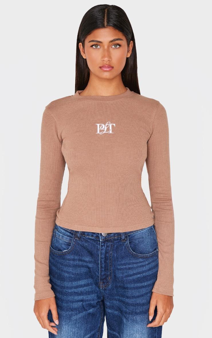 PRETTYLITTLETHING Taupe Ribbed Embroidered Long Sleeve T Shirt Product Image