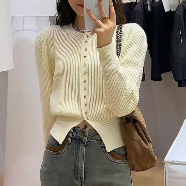 Long-Sleeve Round Neck Plain Ribbed Button Knit Top Product Image