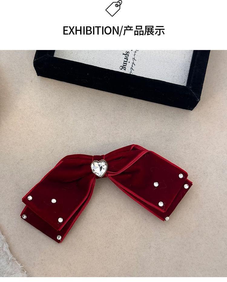 Heart Rhinestone Bow Velvet Hair Clip Product Image