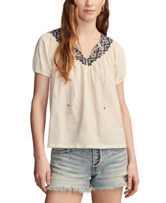 Women's Embroidered Tie-Neck Peasant Top Product Image