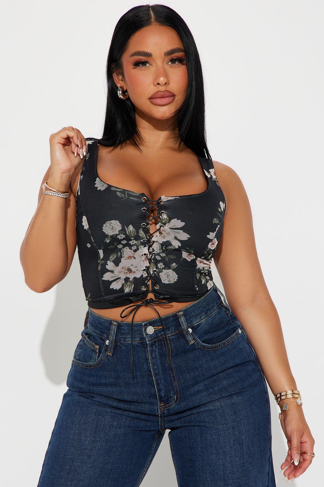 Francesca Floral Corset Top - Black Product Image