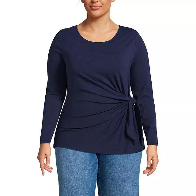 Plus Size Lands End Long Sleeve Lightweight Jersey Tie Front Top, Womens Deep Blue Product Image