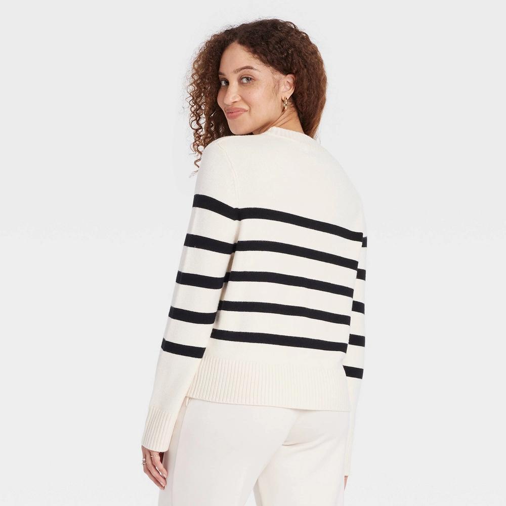 Womens Crewneck Pullover Sweater - A New Day Cream Striped XL Product Image