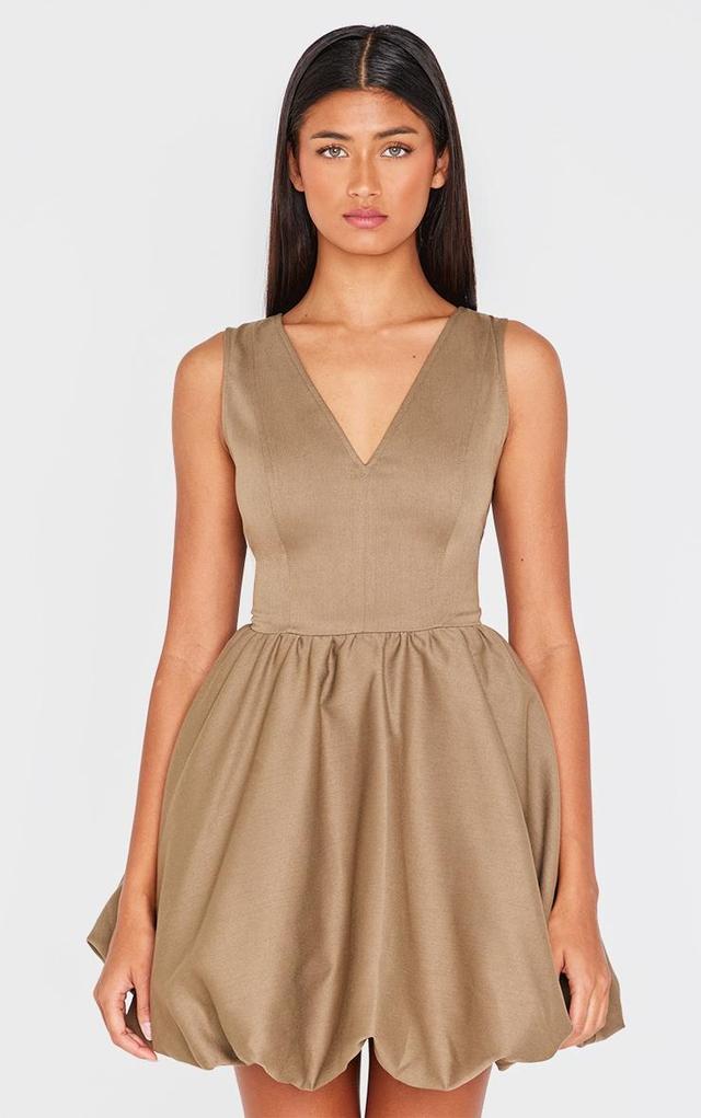 Khaki Tailored Woven V Neck Puffball Mini Dress Product Image