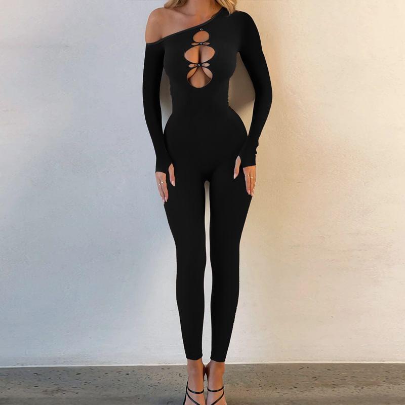 Long Sleeve One Shoulder Plain Cutout Skinny Jumpsuit Product Image