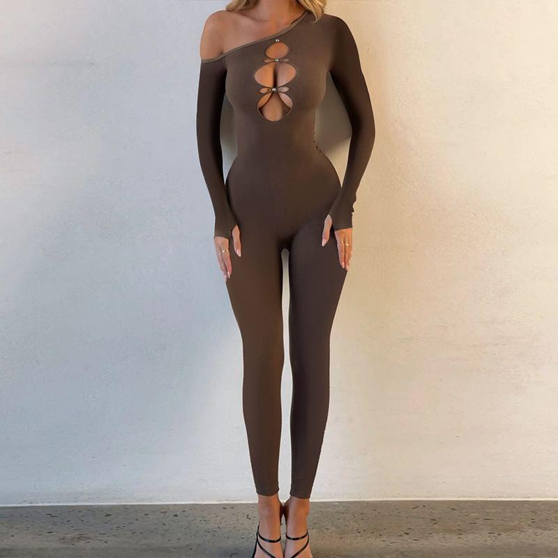 Long Sleeve One Shoulder Plain Cutout Skinny Jumpsuit Product Image