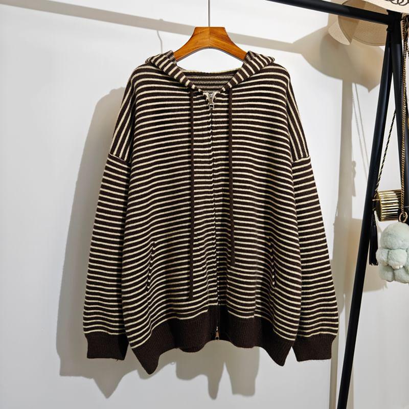 Drop Shoulder Hooded Striped Zip Up Cardigan Product Image