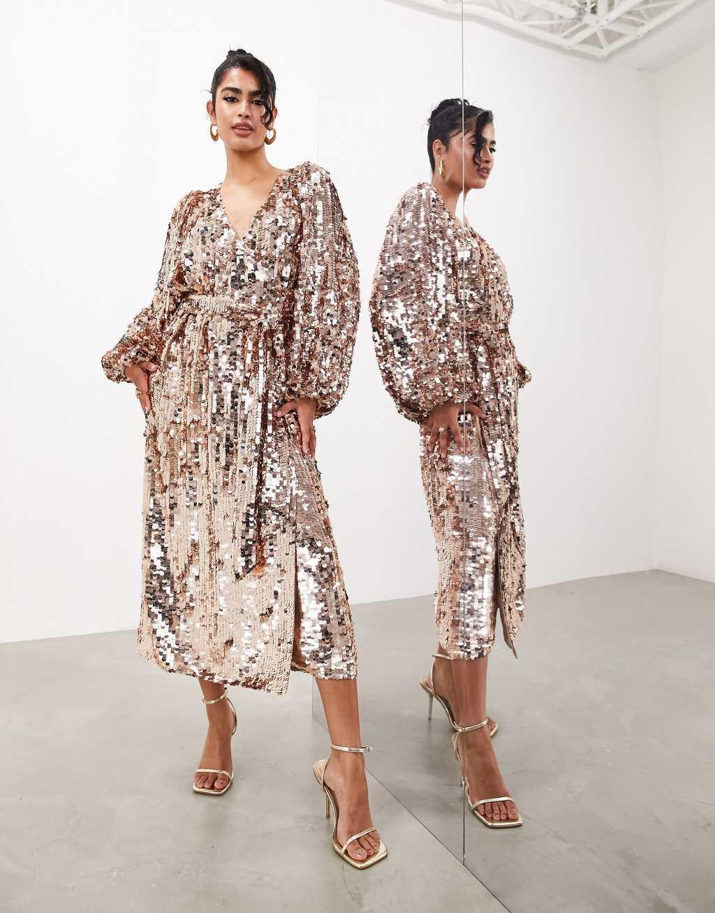 ASOS EDITION batwing sleeve sequin wrap midi dress in gold Product Image