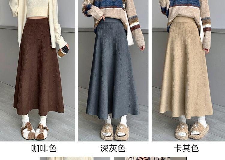 High Rise Plain Knit Midi A-Line Skirt Product Image