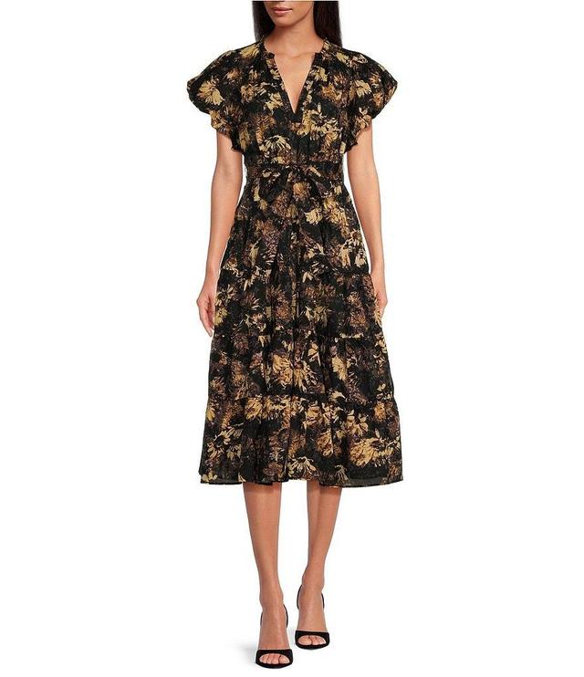 ELAN Floral Print V-Neck Cap Sleeve Midi Dress Product Image