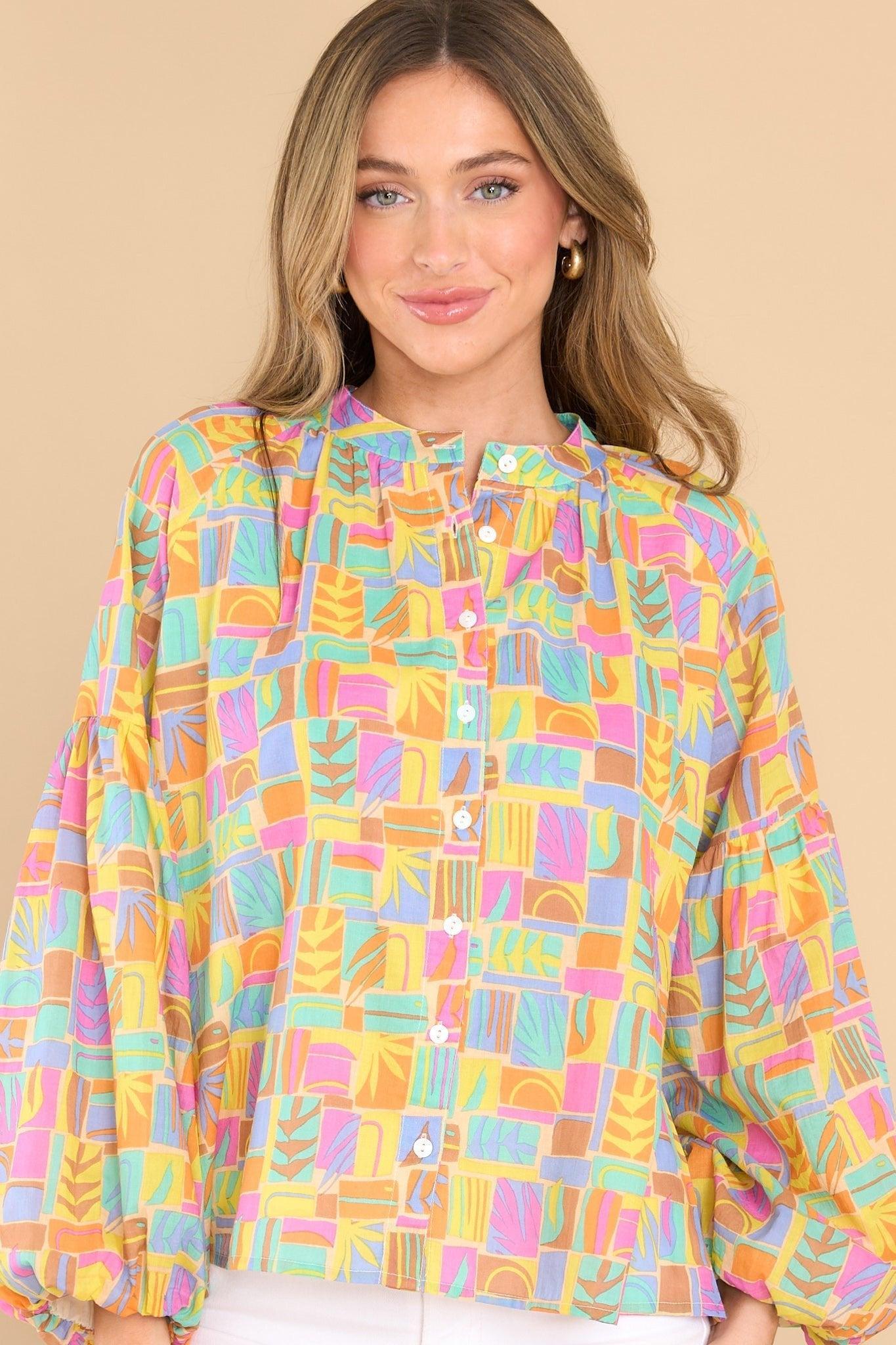 Emory South Beach Print Cotton Button Front Top Yellow Product Image