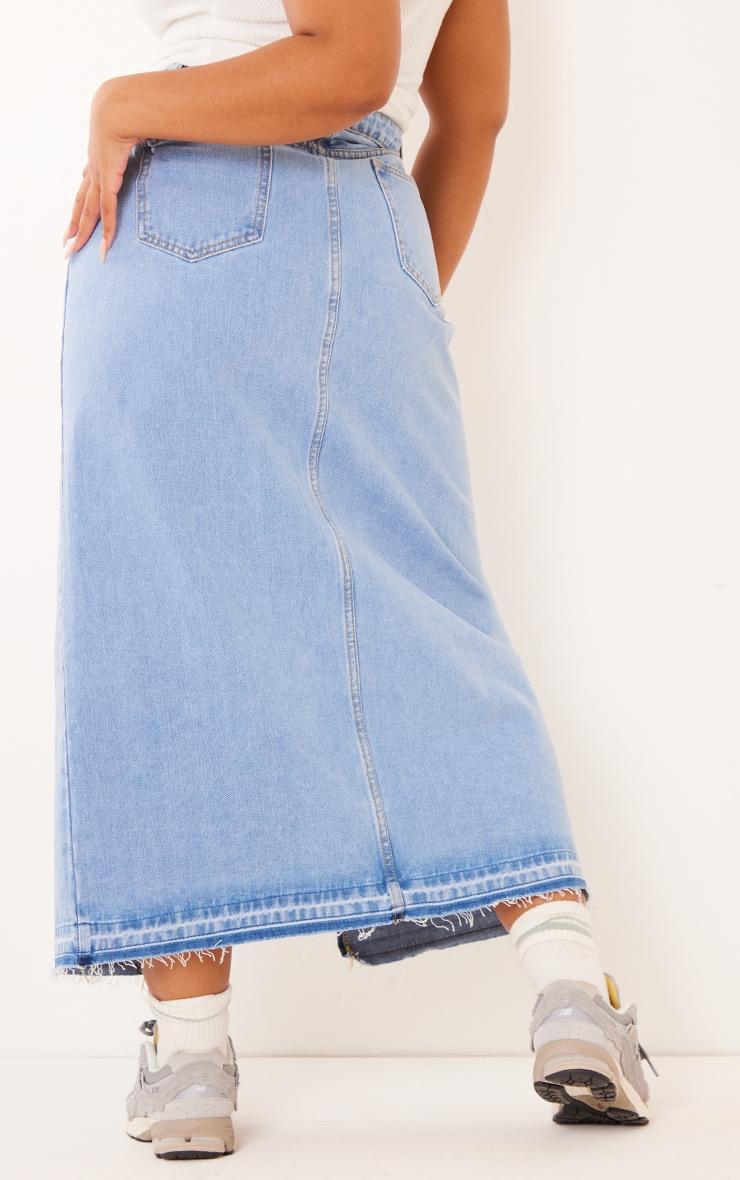 Plus Light Blue Wash Split Front Denim Maxi Skirt Product Image