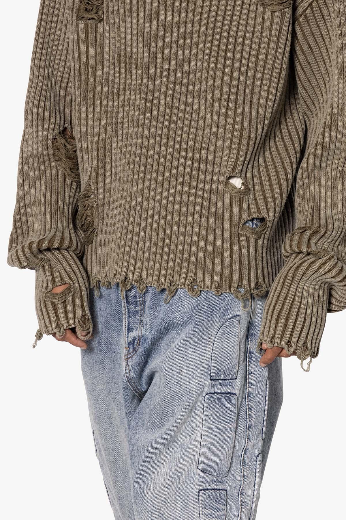 Distressed Crop Knit Sweater - Olive Product Image