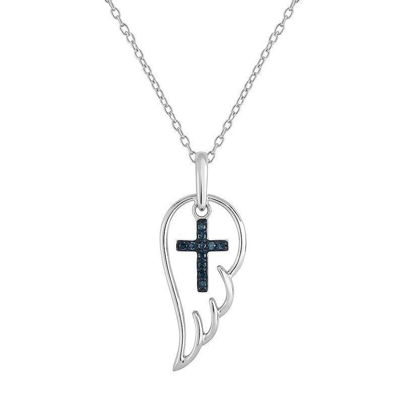 Sterling Silver 1/10 Carat T.W. Blue Diamond Cross & Angel Wing Pendant, Womens Product Image